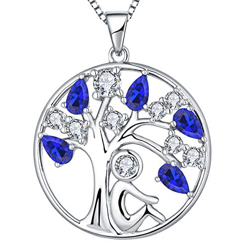 YL Damen Lebensbaum Kette 925 Sterling Silber geschnittenen September Geburtsstein Spinellblau Stammbaum Anhänger Halskette für Frauen, 45 + 3CM von YL