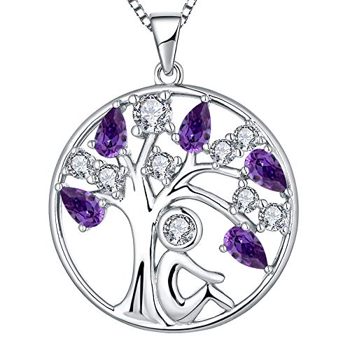YL Damen Lebensbaum Kette 925 Sterling Silber geschnittenen February Geburtsstein Amethyst Stammbaum Anhänger Halskette für Frauen, 45 + 3CM von YL