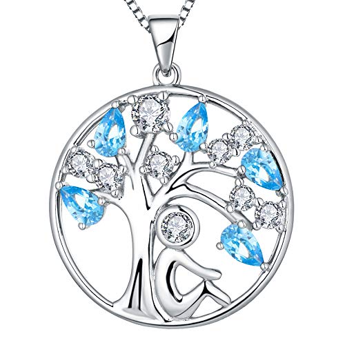YL Damen Lebensbaum Kette 925 Sterling Silber geschnittenen März Geburtsstein Aquamarinblau Zirkonia Stammbaum Anhänger Halskette für Frauen, 45 + 3CM von YL