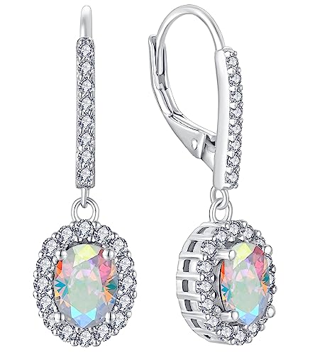 YL Damen Ohrhänger 925 Sterling Silber Regenbogen Zirkonia Weiß Oval Ohrringe von YL