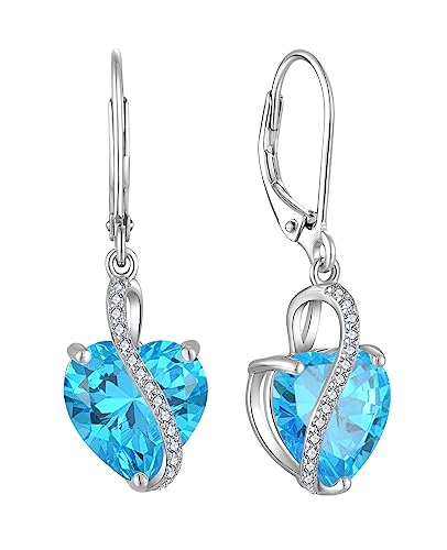 YL Damen Herz Ohrringe 925 Sterling Silber Tropfenohrringe März Geburtsstein Aquamarine Schmuckgeschenke für Mutter Freundin Damen von YL