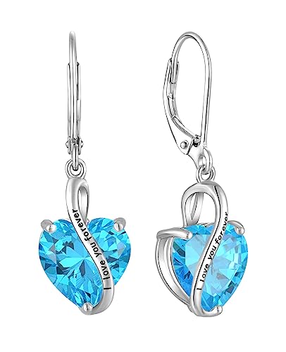 YL Damen Herz Ohrringe 925 Sterling Silber "I love you" Tropfenohrringe März Geburtsstein Aquamarine Schmuckgeschenke für Mutter Freundin Damen von YL