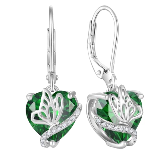 YL Damen Ohrringe 925 Sterling Silber Schmetterling Ohrringe Mai Geburtsstein Simulierte Emerald Schmuckgeschenke für Mutter Freundin Frau von YL