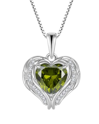 YL Engelsflügel Halskette 925 Sterling Silber Herz Anhänger Kette August Geburtsstein Peridot Grüne Zirkonia Halskette Schmuck Geschenke für Damen Mama von YL