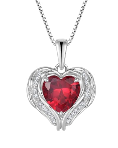YL Engelsflügel Halskette 925 Sterling Silber Herz Anhänger Kette Juli Geburtsstein Rubin Halskette Schmuckgeschenke für Damen Mama von YL
