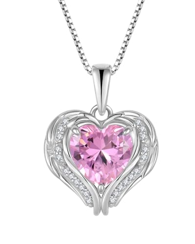 YL Engelsflügel Halskette 925 Sterling Silber Herz Anhänger Kette Oktober Geburtsstein Rosa Turmaline Halskette Schmuckgeschenke für Damen Mama Frau YL Engelsflügel Halskette 925 Sterling Silber Herz Anhänger Kette Oktober Geburtsstein Rosa Turmaline Halskette Schmuckgeschenke für Damen Mama Frau von YL