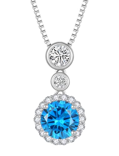 YL Geburtsstein Halskette 925 Sterling Silber Runder Anhänger Kette März Geburtsstein Aquamarine Halskette Schmuckgeschenke für Damen Mama Frau von YL