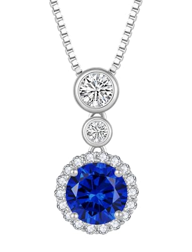 YL Geburtsstein Halskette 925 Sterling Silber Runder Anhänger Kette September Geburtsstein Saphir Halskette Schmuckgeschenke für Damen Mama von YL