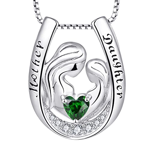 YL Halskette für Mutter und Tochter 925er Sterlingsilber Mai Geburtsstein grüner Zirkonia Gravur "Mutter, Tochter" Hufeisen Anhänger für Damen Mutter Kette 45 + 3 cm von YL