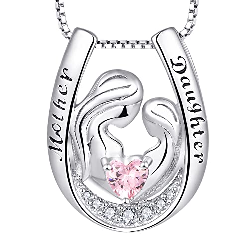 YL Halskette für Mutter und Tochter 925er Sterlingsilber Oktober Geburtsstein rosa Zirkonia Gravur "Mutter, Tochter" Hufeisen Anhänger für Damen Mutter Kette 45 + 3 cm von YL