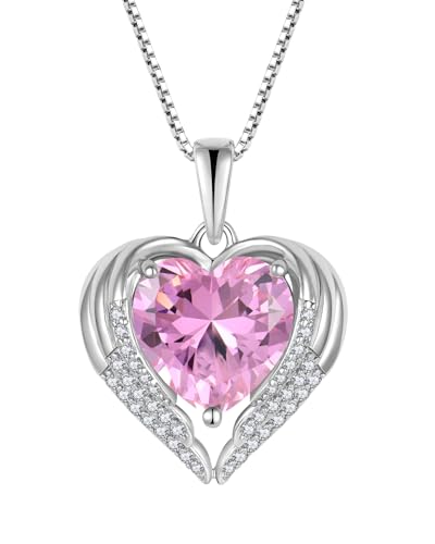 YL Herz Halskette 925 Sterling Silber Engelsflügel Anhänger Kette Oktober Geburtsstein Rosa Turmaline Halskette Schmuckgeschenke für Damen Frau von YL