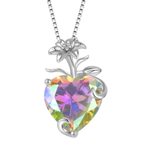 YL Herz Halskette 925 Sterling Silber Lilie Blume Anhänger Kette Regenbogen Zirkonia Weiß Halskette Schmuck Geschenke für Damen Mutter Freundin von YL