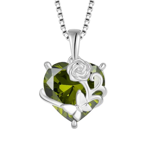 YL Herz Halskette 925 Sterling Silber Rosa Schmetterling Anhänger Kette August Geburtsstein Peridot Grüne Zirkonia Halskette Schmuck Geschenke für Damen Mutter Freundin von YL