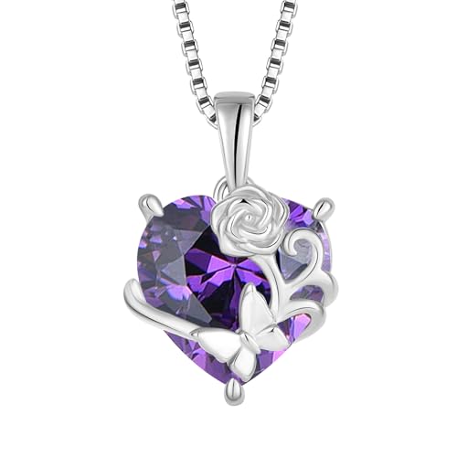 YL Herz Halskette 925 Sterling Silber Rosa Schmetterling Anhänger Kette Februar Geburtsstein Amethyst Halskette Schmuck Geschenke für Damen Mutter Freundin von YL