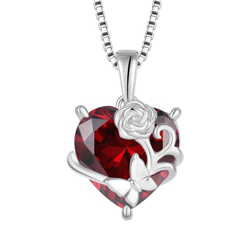 YL Herz Halskette 925 Sterling Silber Rosa Schmetterling Anhänger Kette Januar Geburtsstein Granat Halskette Schmuckgeschenke für Damen Mutter Freundin von YL