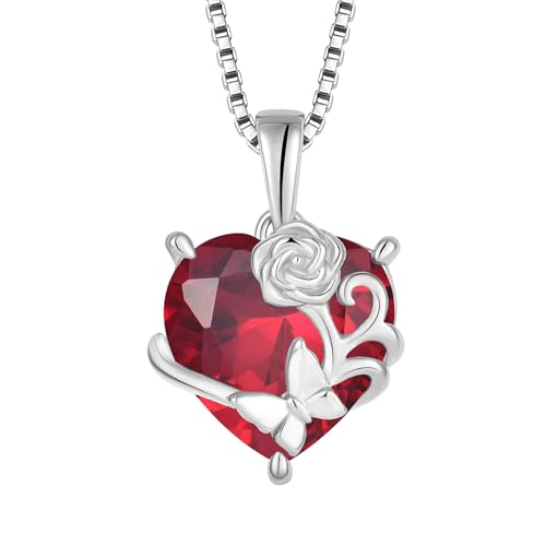 YL Herz Halskette 925 Sterling Silber Rosa Schmetterling Anhänger Kette Juli Geburtsstein Rubin Halskette Schmuckgeschenke für Damen Mutter Freundin von YL