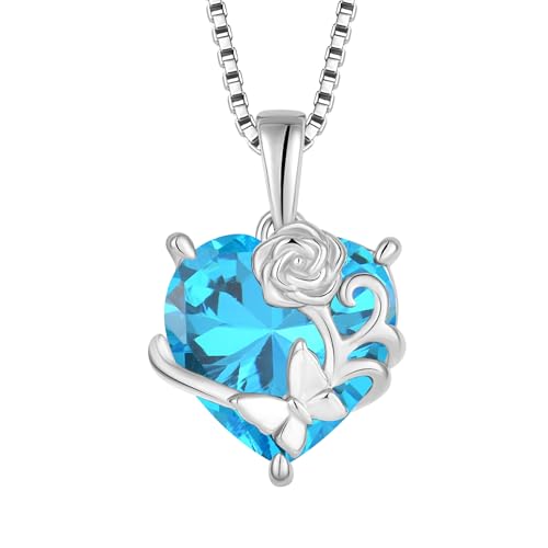 YL Herz Halskette 925 Sterling Silber Rosa Schmetterling Anhänger Kette März Geburtsstein Aquamarine Halskette Schmuckgeschenke für Damen Mutter Freundin Frau von YL