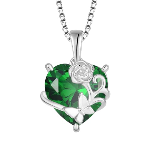 YL Herz Halskette 925 Sterling Silber Rosa Schmetterling Anhänger Kette Mai Geburtsstein Simulierte Emerald Halskette Schmuckgeschenke für Damen Mutter Freundin Frau von YL