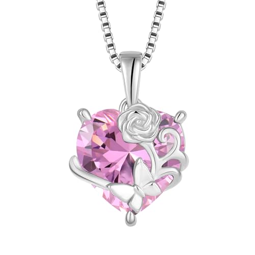 YL Herz Halskette 925 Sterling Silber Rosa Schmetterling Anhänger Kette Oktober Geburtsstein Rosa Turmaline Halskette Schmuckgeschenke für Damen Mutter Freundin Frau von YL