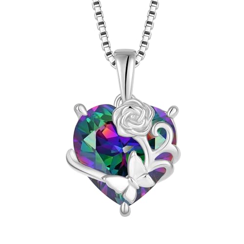 YL Herz Halskette 925 Sterling Silber Rosa Schmetterling Anhänger Kette Regenbogen Halskette Schmuck Geschenke für Damen Mutter Freundin von YL