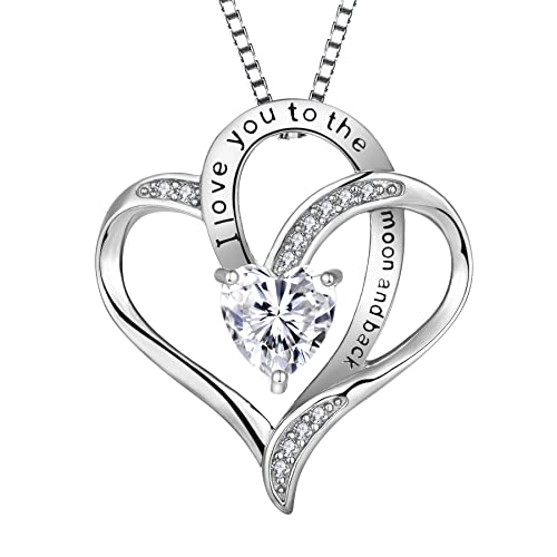 YL Herz Halskette 925 Sterling Silber Schliff April Geburtsstein Weißer Zirkonia Gravur "I love you to the moon and back" Anhänger für Damen,Kette 45+3CM von YL