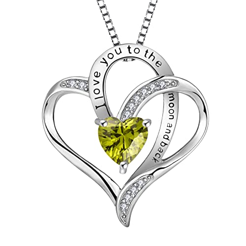 YL Herz Halskette 925 Sterling Silber Schliff August Geburtsstein Peridot Grüner Zirkonia Gravur "I love you to the moon and back" Anhänger für Damen,Kette 45+3CM von YL