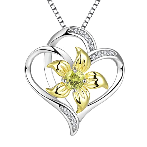 YL Herz Halskette 925 Sterling Silber Schliff August Geburtsstein Peridot Grüner Zirkonia Lily Flower Love Anhänger für Frauen,Kette 45+3CM von YL