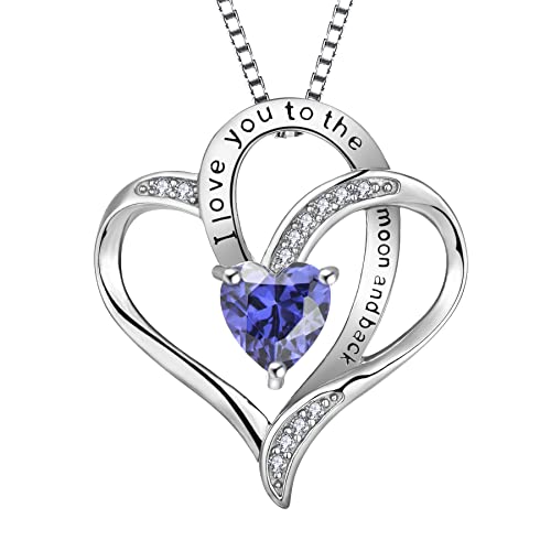 YL Herz Halskette 925 Sterling Silber Schliff Dezember Geburtsstein Tansanit Gravur "I love you to the moon and back" Anhänger für Damen,Kette 45+3CM von YL