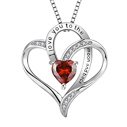 YL Herz Halskette 925 Sterling Silber Schliff Januar Geburtsstein Granat Graviert "I love you to the moon and back" Anhänger für Damen,Kette 45+3CM von YL