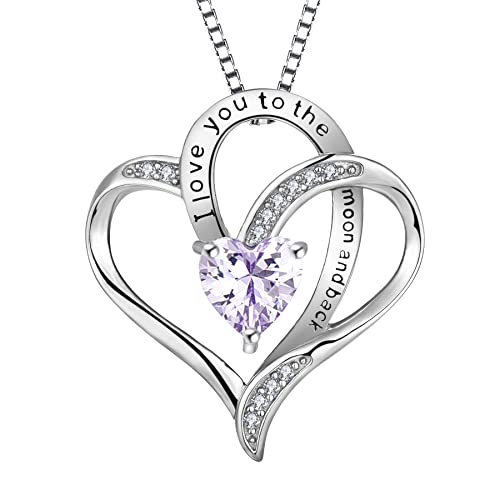 YL Herz Halskette 925 Sterling Silber Schliff Juni Geburtsstein Alexandrit Gravur "I love you to the moon and back" Anhänger für Damen,Kette 45+3CM von YL