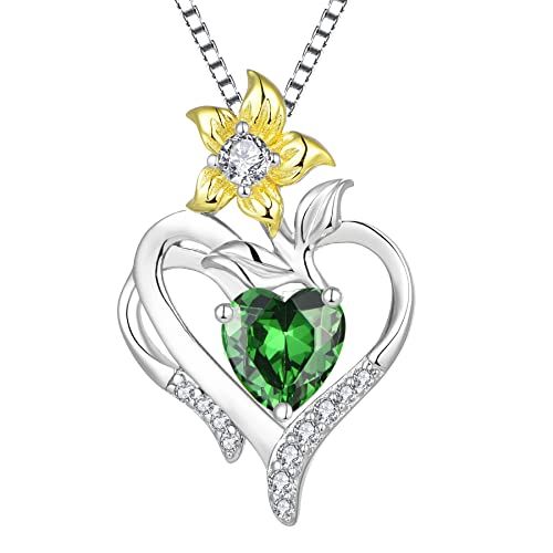 YL Herz Halskette 925 Sterling Silber Schliff Mai Geburtsstein Grüner Zirkonia Lily Flower Anhänger für Frauen,Kette 45+3CM von YL