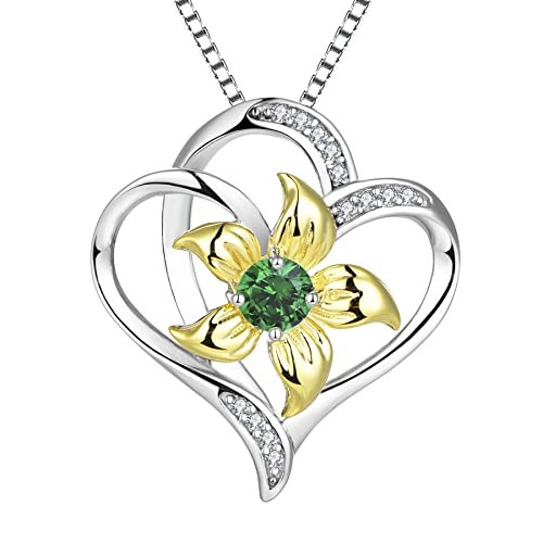 YL Herz Halskette 925 Sterling Silber Schliff Mai Geburtsstein Grüner Zirkonia Lily Flower Love Anhänger für Frauen,Kette 45+3CM von YL