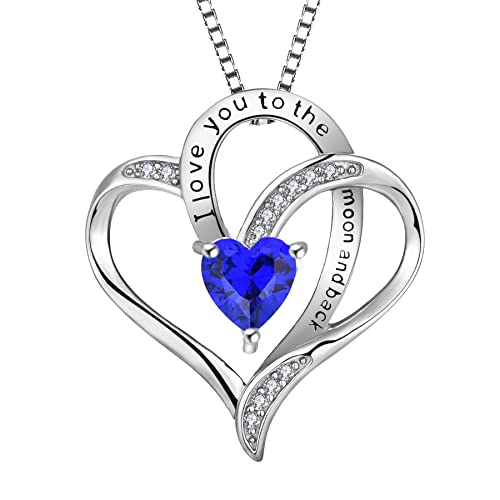 YL Herz Halskette 925 Sterling Silber Schliff September Geburtsstein Spinell Blau Gravur "I love you to the moon and back" Anhänger für Damen,Kette 45+3CM von YL