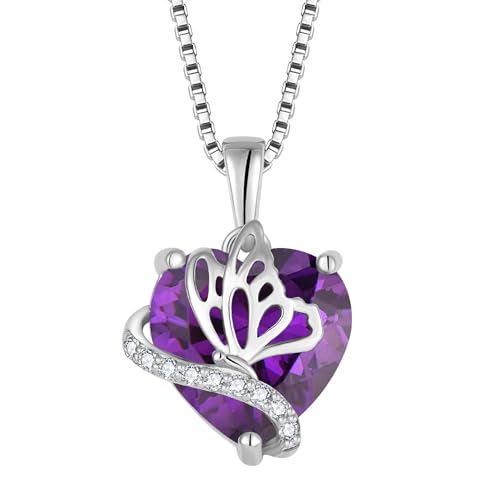 YL Herz Halskette 925 Sterling Silber Schmetterling Anhänger Kette Februar Geburtsstein Amethyst Halskette Schmuck Geschenke für Damen Mutter Freundin von YL