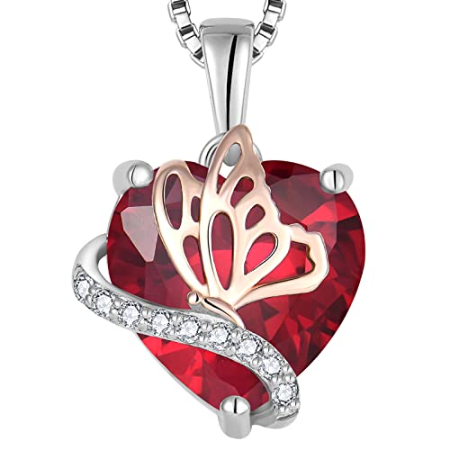 YL Herz Halskette 925 Sterling Silber Schmetterling Anhänger Kette Juli Geburtsstein Rubin Halskette Schmuckgeschenke für Damen Mutter Freundin ihre von YL