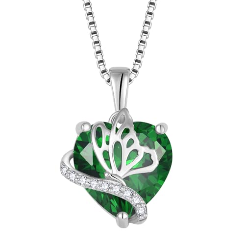 YL Herz Halskette 925 Sterling Silber Schmetterling Anhänger Kette Mai Geburtsstein Simulierte Emerald Halskette Schmuckgeschenke für Damen Mutter Freundin Frau von YL