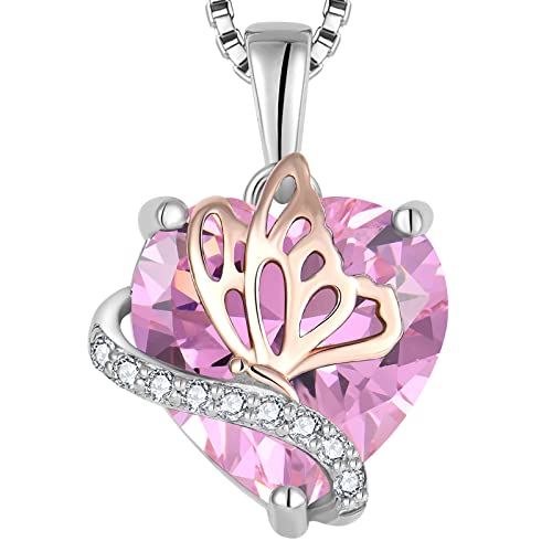 YL Herz Halskette 925 Sterling Silber Schmetterling Anhänger Kette Oktober Geburtsstein Rosa Turmaline Halskette Schmuckgeschenke für Damen Mutter Freundin ihre ihre Frau von YL