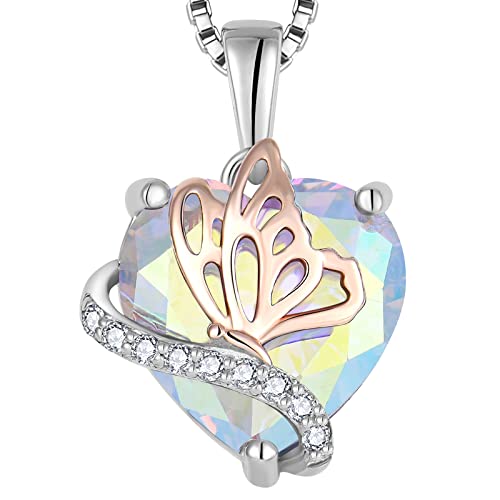 YL Herz Halskette 925 Sterling Silber Schmetterling Anhänger Kette Regenbogen Zirkonia Weiß Halskette Schmuck Geschenke für Damen Mutter Freundin ihre von YL