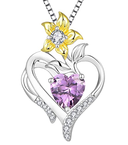 YL Herz Halskette 925 Sterling Silber geschliffen Februar Geburtsstein Amethyst Lilie Blume Anhänger für Frauen,Kette 45+3CM von YL