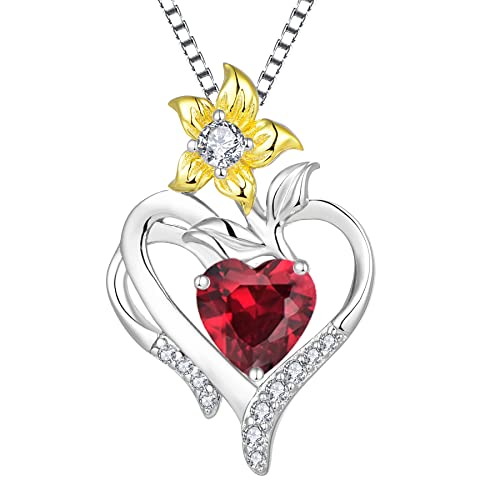 YL Herz Halskette 925 Sterling Silber geschliffen Juli Geburtsstein Rubin Lilie Blume Anhänger für Frauen,Kette 45+3CM von YL