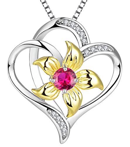 YL Herz Halskette 925 Sterling Silber geschliffen Juli Geburtsstein Rubin Lilie Blume Liebe Anhänger für Frauen,Kette 45+3CM von YL