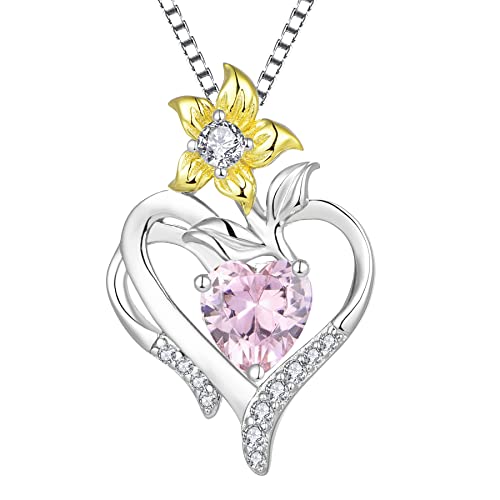 YL Herz Halskette 925 Sterling Silber geschliffen Oktober Geburtsstein Rosa Zirkonia Lilie Blume Anhänger für Frauen,Kette 45+3CM von YL