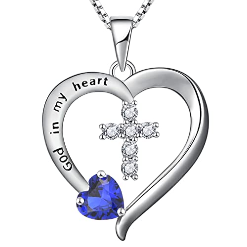 YL Herz Kette 925 Sterling Silber September Geburtsstein Spinellblau Kreuz Anhänger Halskette für Damen, Kette 45 + 3CM von YL