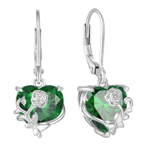 YL Pendientes de Corazónde Rosa Mariposa plata de ley 925 con Pendientes de Circonita verde con piedra de nacimiento de mayo para Mujer Mamá von YL