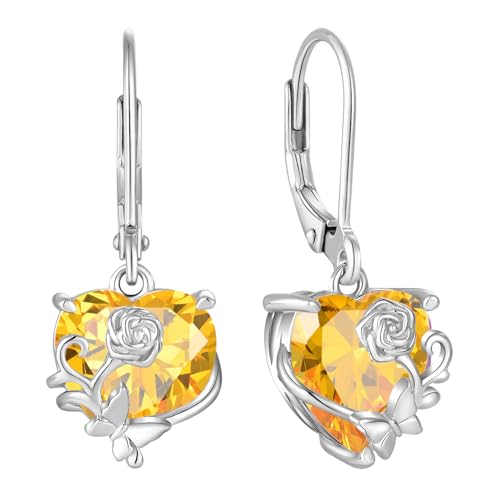 YL Herz Ohrringe 925 Sterling Silber Rosa Schmetterling Ohrringe November Geburtshelfer Zitrin Schmuckgeschenke für Damen Mutter Freundin von YL