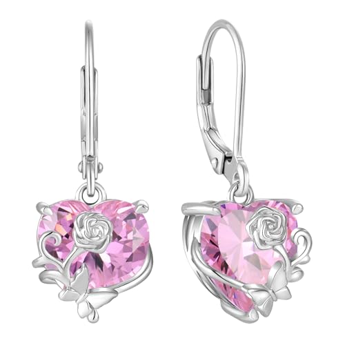 YL Pendientes de Corazónde Rosa Mariposa plata de ley 925 con Pendientes de circonita rosa con piedra natal de octubre para Mujer Mamá von YL