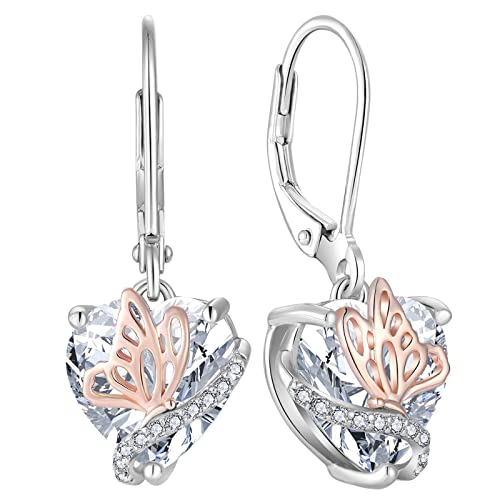 YL Herz Ohrringe 925 Sterling Silber Schmetterling mit April Geburtsstein Weiß Zirkonia Ohrringe Schmuck Geschenke für Damen Mutter Freundin ihre von YL