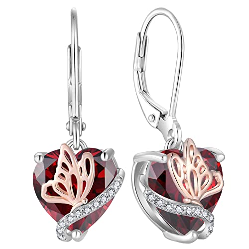 YL Herz Ohrringe 925 Sterling Silber Schmetterling mit Januar Geburtsstein Granat Ohrringe Schmuckgeschenke für Damen Mutter Freundin ihre von YL
