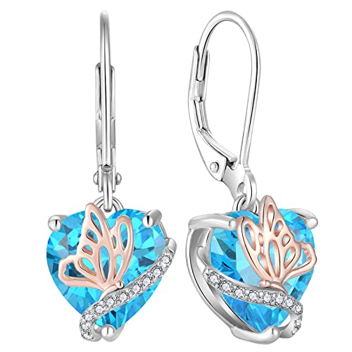 YL Herz Ohrringe 925 Sterling Silber Schmetterling mit März Geburtsstein Aquamarine Ohrringe Schmuckgeschenke für Damen Mutter Freundin ihre ihre Frau von YL