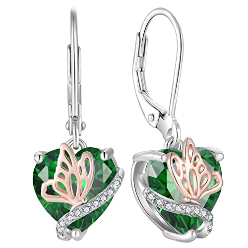 YL Herz Ohrringe 925 Sterling Silber Schmetterling mit Mai Geburtsstein Simulierte Emerald Ohrringe Schmuckgeschenke für Damen Mutter Freundin ihre ihre Frau von YL